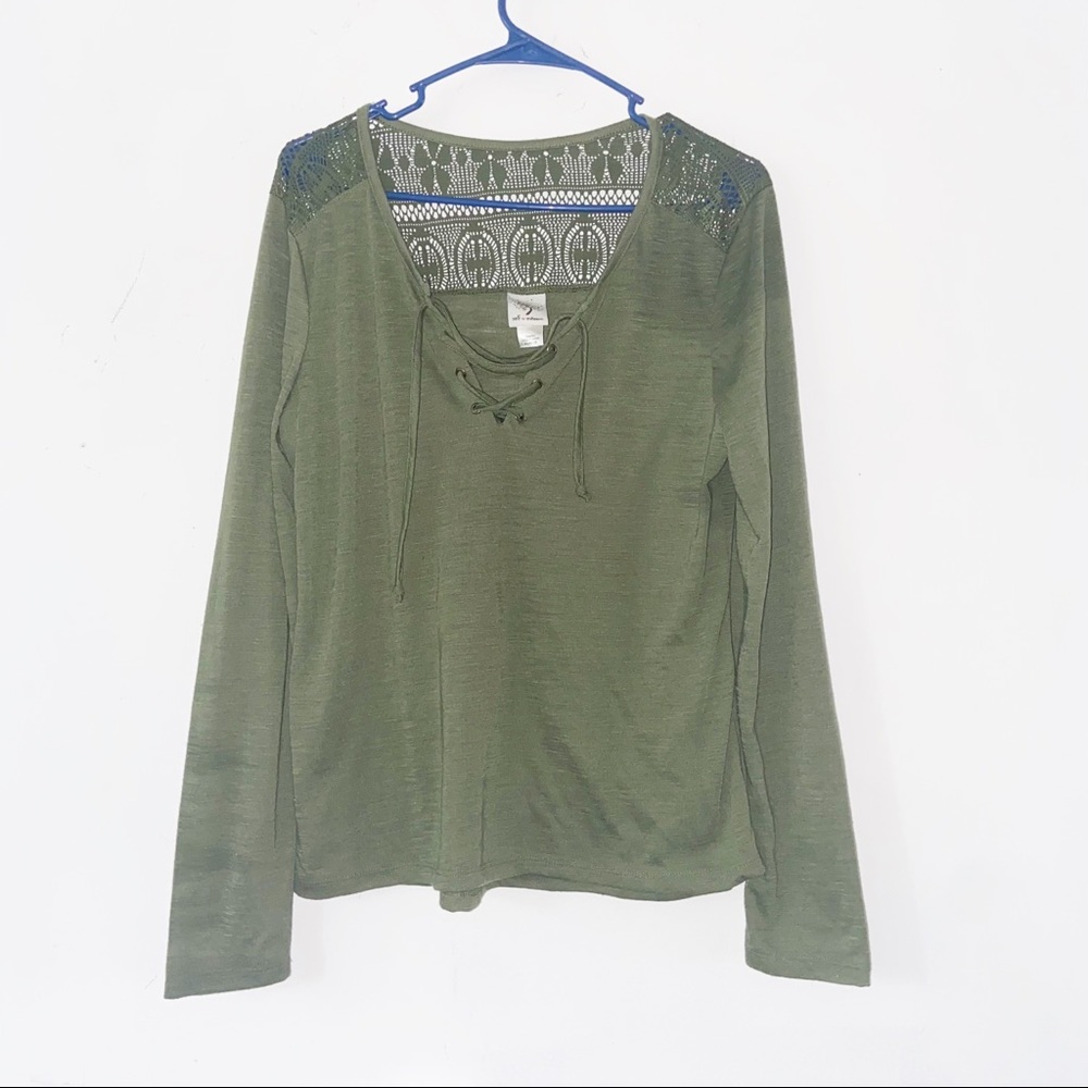 Green Crochet Lace Up V-Neck Top Blouse Shirt